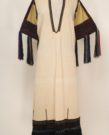 Cotton woven whitish chemise, emvbroidered with balck and coloured silk outradhes 