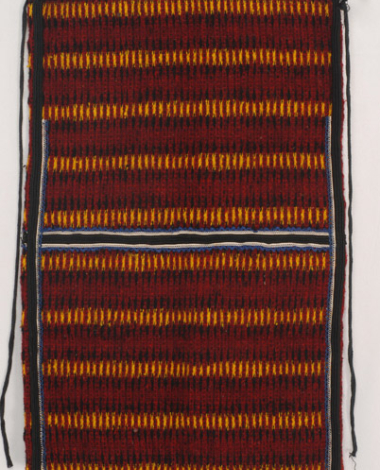 Woollen woven apron in crimson colour with embellished horizontal stripes in yellow and black colour