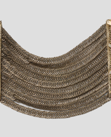 Beletziki, gold plated bracelet made of chains and two flowing plates with wiry decoration