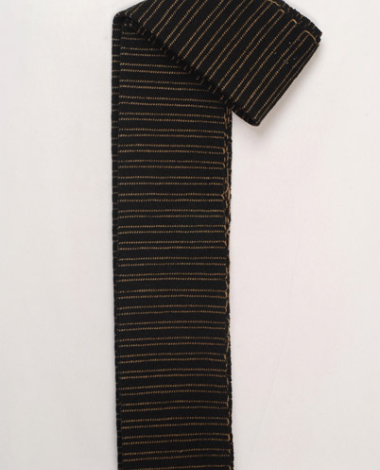 Very long black woollen woven sash with embellished thin stripes, folded lengthwise