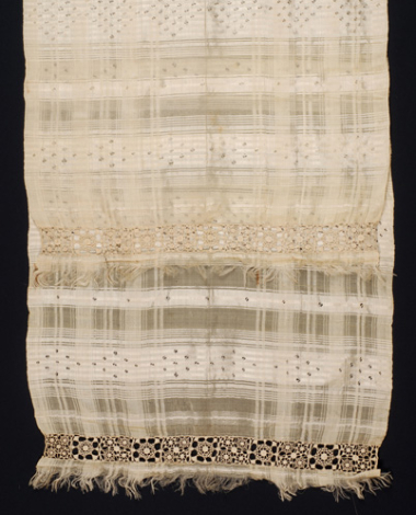 Pure silk, selvage-edged bolia with embellished stripes and perforated decoration