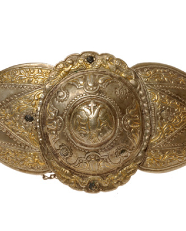 Asimozounaro, gold plated buckle crafted with the forged technique, with embossed and engraved decoration, with black savati (enamel) patches 