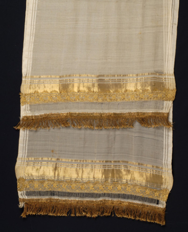 Silk bolia with embellished gold stripes and golden fringed edge 