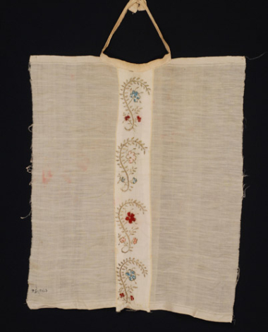 Plastron, pectoral piece of fabric with applique facing embroidered with gold thread and coloured silks. 