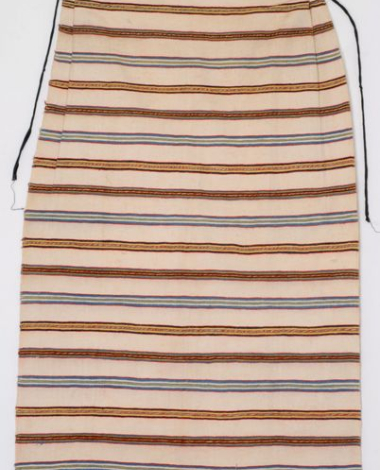 Striped, cotton apron. The end is trimmed with machine embroidery