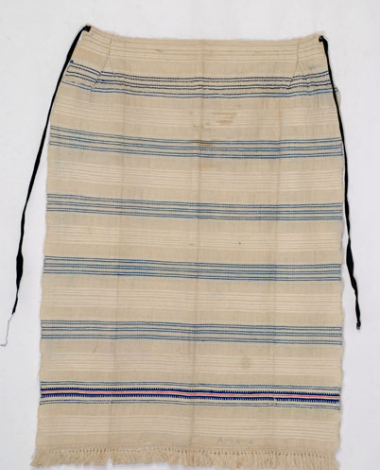 Striped wool apron for everyday use. Edge with fastening that ends in tassels