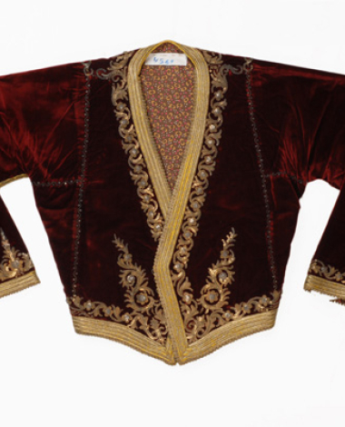 Kondogouni, velvet sleeved jacket ornamented with terzidiko gold embroidery crafted with tir-tir (lustring)