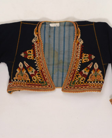 Bridal felt makromaniko (long sleeve) jacket embroidered with multicoloured silk cordons