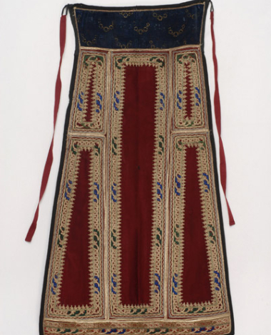 Karagounian bridal apron made of crimson felt, embroidered with gold cordon and coloured outrades (braids) 