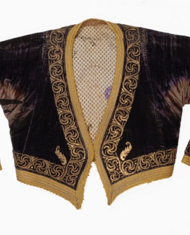 Kondogouni, velvet, sleeved jacket ornamented with terzidiko gold embroidery, crafted with tir-tir (lustring)