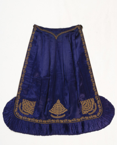 Festive apron made of purple satin fabric, with gold embroidered decoration 