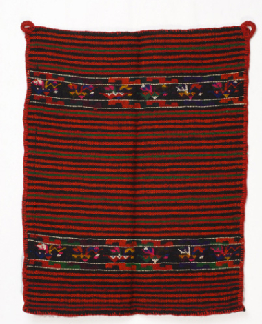 Woollen woven striped apron with embellished band-shaped motifs