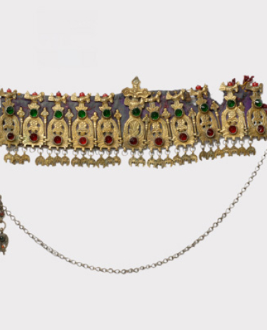 Korona or stolos, bridal gold plated forehead ornament, decorated with simple glass stones and corals 