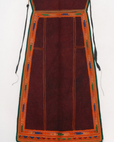 Skoutisia apron in crimson colour embroidered with multicoloured silk outres