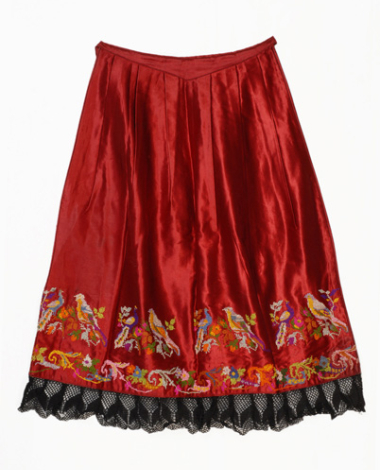 Red satin apron embroidered with multicoloured silk threads
