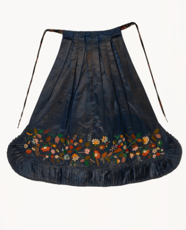 Festive apron made of blue satin fabric with multicoloured silk decoration
