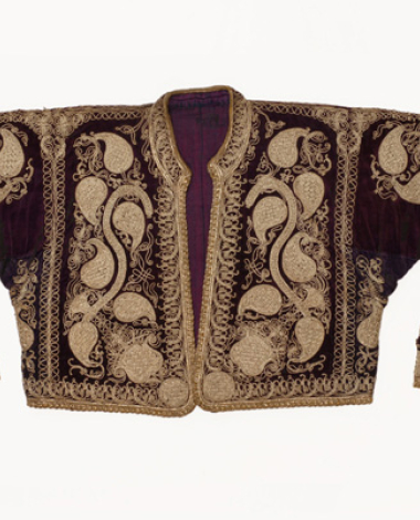 Velvet sleeved jacket ornamented with terzidiko silver embroidery