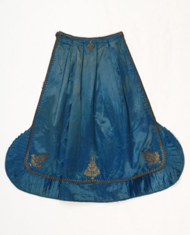 Festive apron made of aquamarine coloured satin fabric, with gold embroidered decoration 