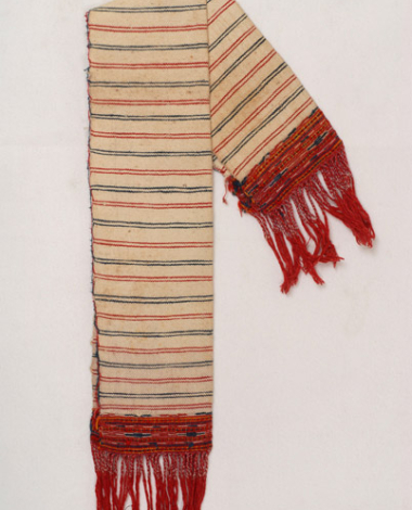 Karpa, white, cotton, handwoven towel, with embellished colourful designs at either end and fringed end