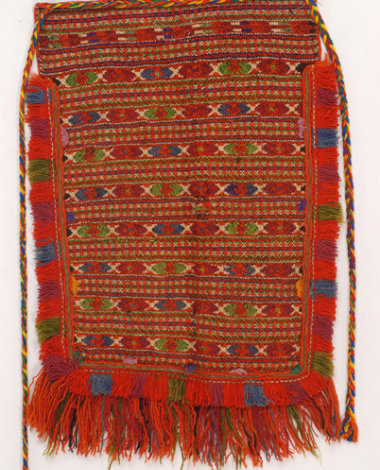 Woollen woven apron with embellished band shaped motifs with linear, geometrical and lozenge shaped motifs