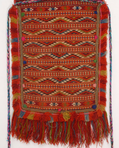 Woollen woven apron with embellished linear and lozenge shaped motifs