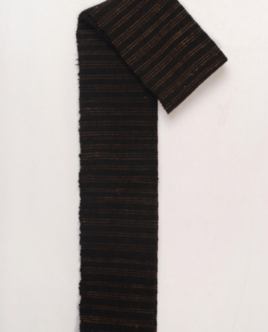 Handwoven dark brown woollen sash with embellished horizontal narrow stripes, folded lengthwise