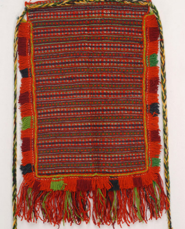 Woollen woven apron with embellished linear decoration in green, orange, dark blue and white colour