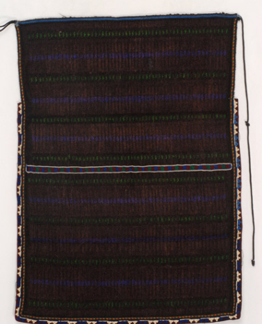 Woollen woven dark coloured apron with horizontal embellished stripes in purple and green colour