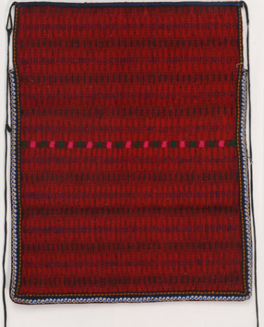 Woollen woven apron in crimson colour with horizontal embellished stripes