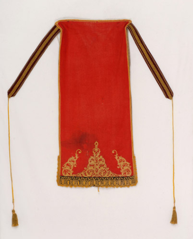 Rouchini red felt apron embroidered with yellow, silk cords