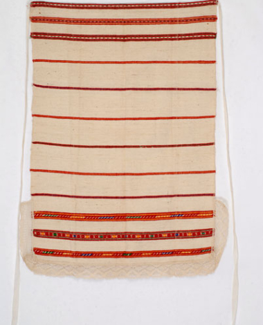 Striped cotton apron with ksombliasta (embroidered) geometric motifs for everyday use. Megara, Attica