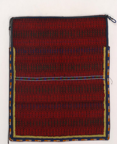 Woollen woven apron in crimson colour with horizontal embellished stripes