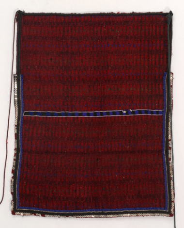Woollen woven fulled apron in crimson colour with horizontal embellished stripes 