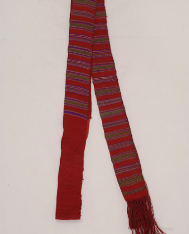 Kademi, red woven silk sash with embellished silk and gold stripes 