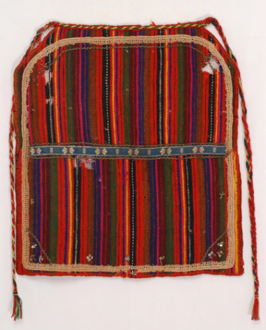 Woollen woven apron with embellished vertical stripes in intense colours