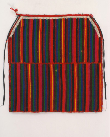 Woollen woven apron with embellished vertical stripes in intense colours