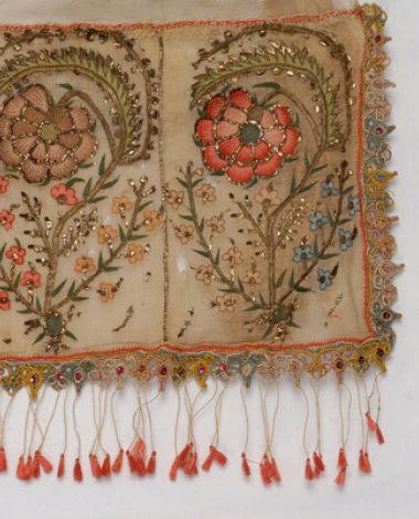 Corner of a bolia from Psara embroidered with gold thread and colourful silk thread