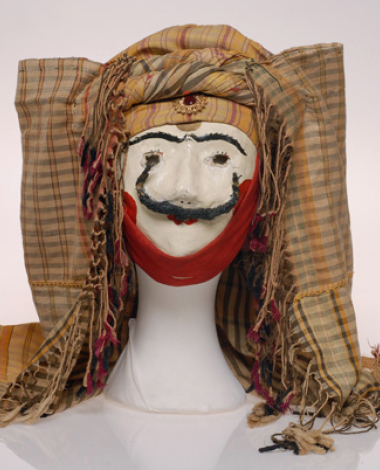 Prossopos, headdress with face cover made of plaster and wax and worn by Gianitsaroi during the carnival enactment of "Gianitsaroi and Boules" in Naousa