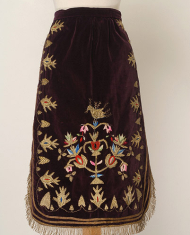 Velvet apron embroidered at the frame with gold thread and colourful silk threads