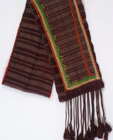 Grey-red, handwoven, wool sash with embellished and applique decoration and fringed end