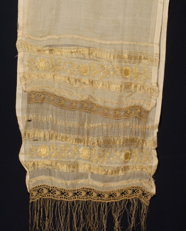 Silk bolia with embellished gold stripes, gold embroidered edges and gold fringed edge 