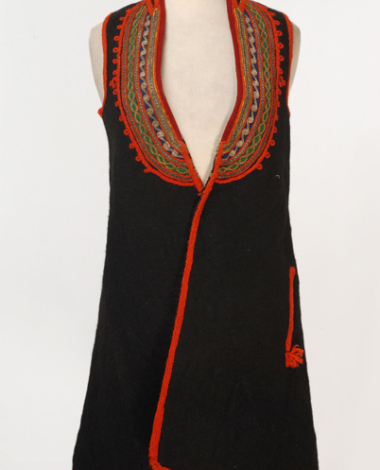 Woollen sigouna, sleeveless overcoat made of saddle blanket decorated with woollen, orange seradia and gold and silver cordons